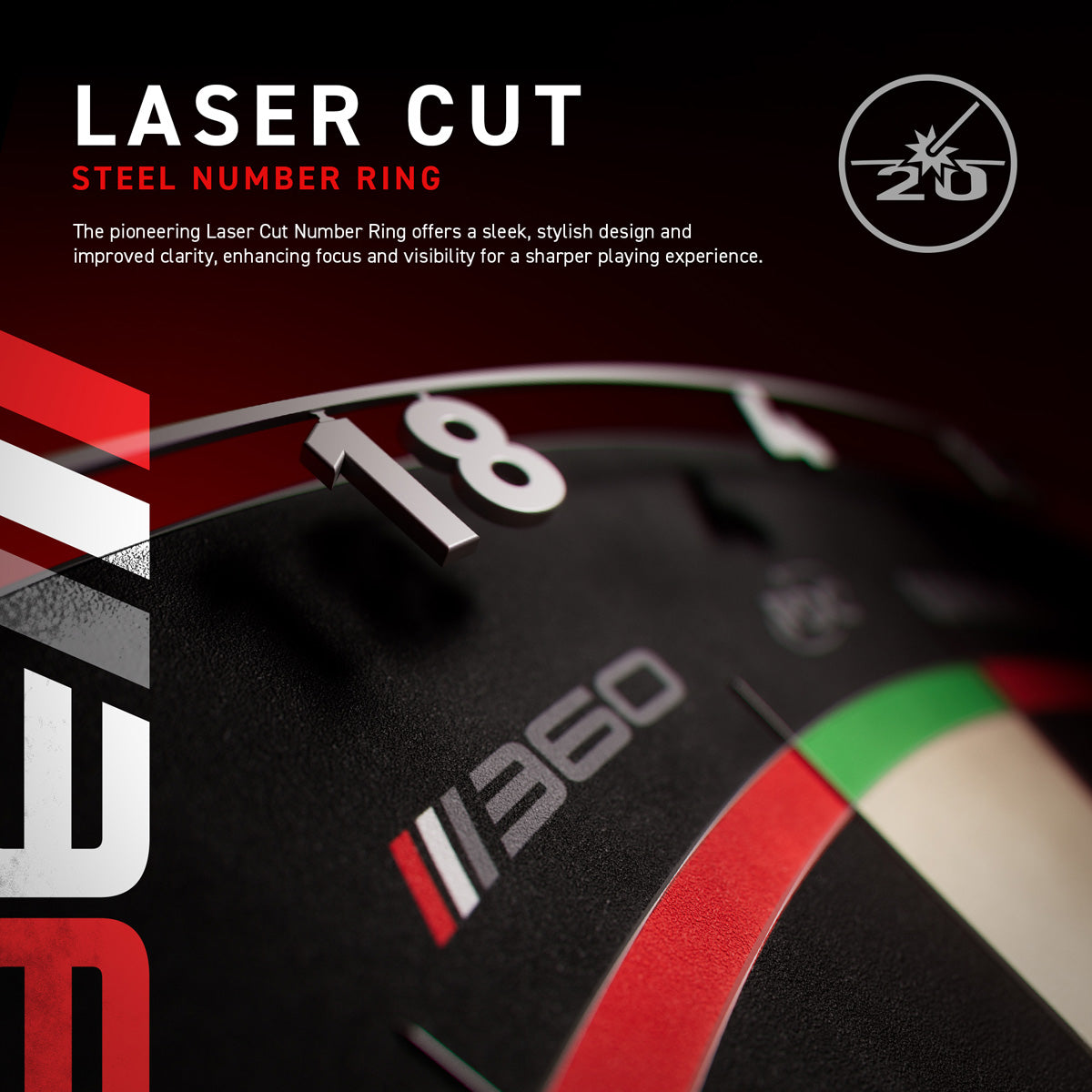 Winmau Blade 360 Triple Core Dartboard close up image highlighting the laser cut steel number ring