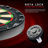Winmau Blade 360 Triple Core Dartboard close up image highlighting the rota-lock levelling system