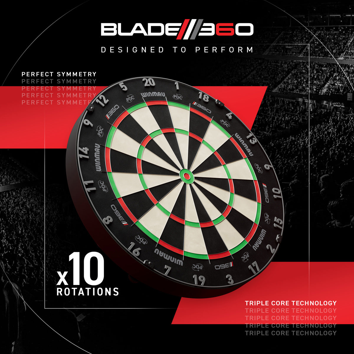 Winmau Blade 360 Triple Core Dartboard main product image showing the dartboard and rotation allowance