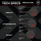 Winmau Blade X Fusion Integrated Flights & Shafts graphic displaying the product specifications and key technical information.