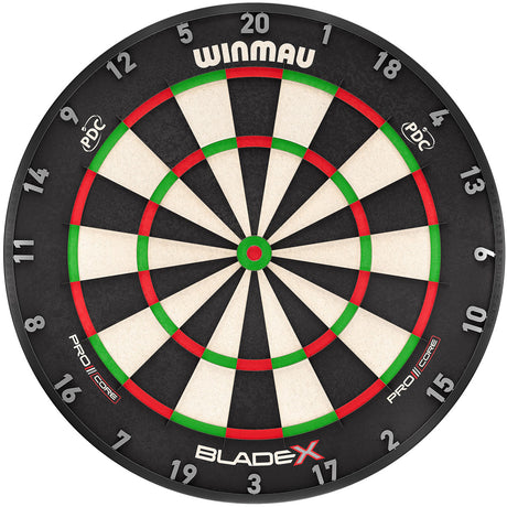 Winmau Blade X Official PDC Dartboard main product image showing the dartboard and product contents