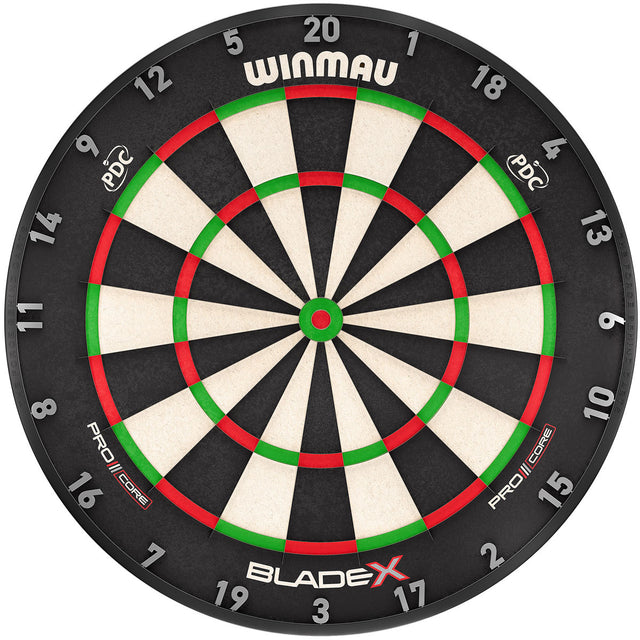 Winmau Blade X Official PDC Dartboard main product image showing the dartboard and product contents