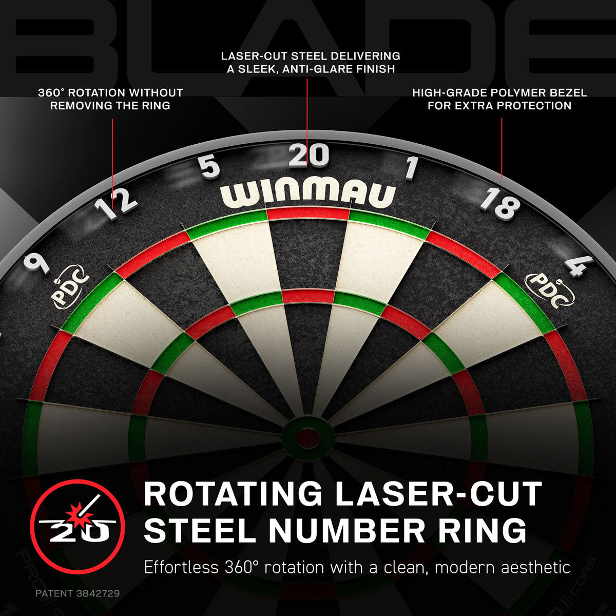 Winmau Blade X Official PDC Dartboard image highlighting the rotating number ring in depth