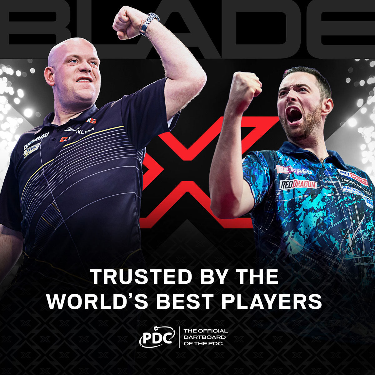 Winmau Blade X Official PDC Dartboard main product image showing the players celebrating with Winmau branding