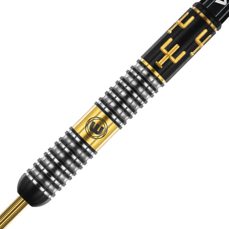 Bobby George Steel Tip Darts close up image showing detailed grip patterns, machining, coating, and precision craftsmanship