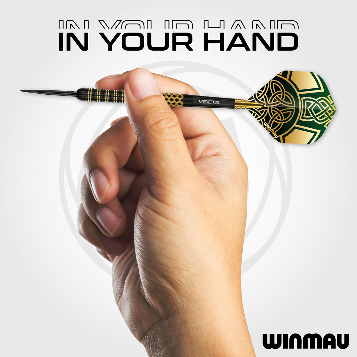 Brendan Dolan Signature Series Steel Tip Darts in hand image showing the barrel held in a player's hand to demonstrate grip position, scale, and profile shape
