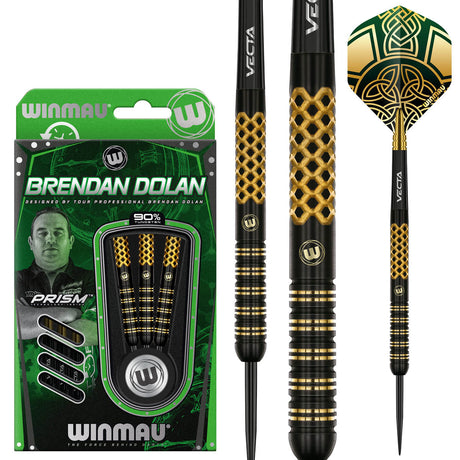 Brendan Dolan Signature Series Steel Tip Darts main product image showing the darts, packaging, flights, shafts, and included accessories