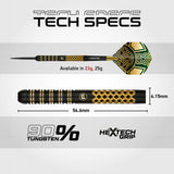Brendan Dolan Signature Series Steel Tip Darts technical specifications image showing barrel dimensions, weight information, grip profile, and key product features