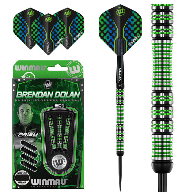 Brendan Dolan Steel Tip Darts main product image showing the darts, packaging, flights, shafts, and included accessories