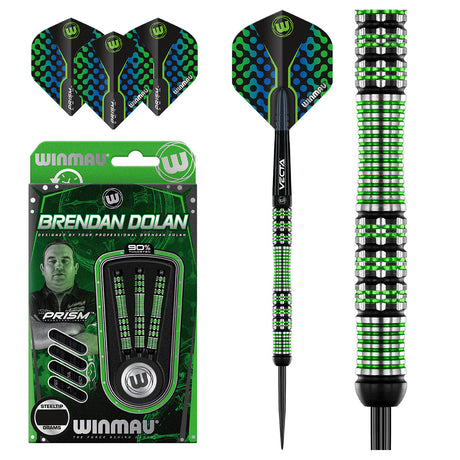Brendan Dolan Steel Tip Darts main product image showing the darts, packaging, flights, shafts, and included accessories
