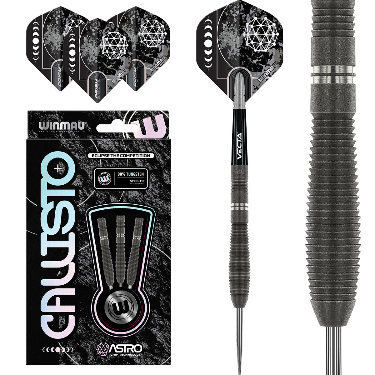 Callisto 02 Steel Tip Darts main product image showing the darts, packaging, flights, shafts, and included accessories