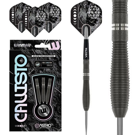 Callisto 02 Steel Tip Darts main product image showing the darts, packaging, flights, shafts, and included accessories