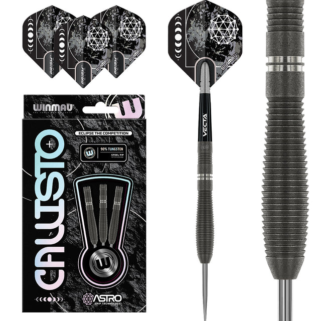 Callisto 02 Steel Tip Darts main product image showing the darts, packaging, flights, shafts, and included accessories