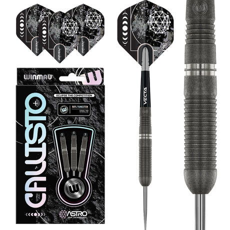 Callisto 03 Steel Tip Darts main product image showing the darts, packaging, flights, shafts, and included accessories