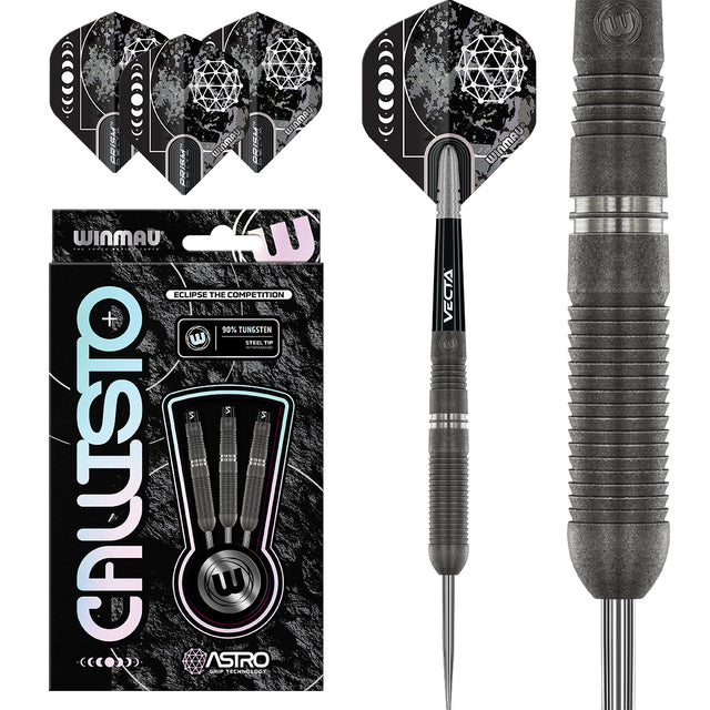 Callisto 03 Steel Tip Darts main product image showing the darts, packaging, flights, shafts, and included accessories