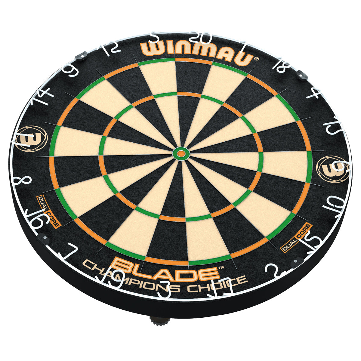 Winmau Champions Choice Dual Core Trainer Dartboard bottom angle product image showing the dartboard and product contents
