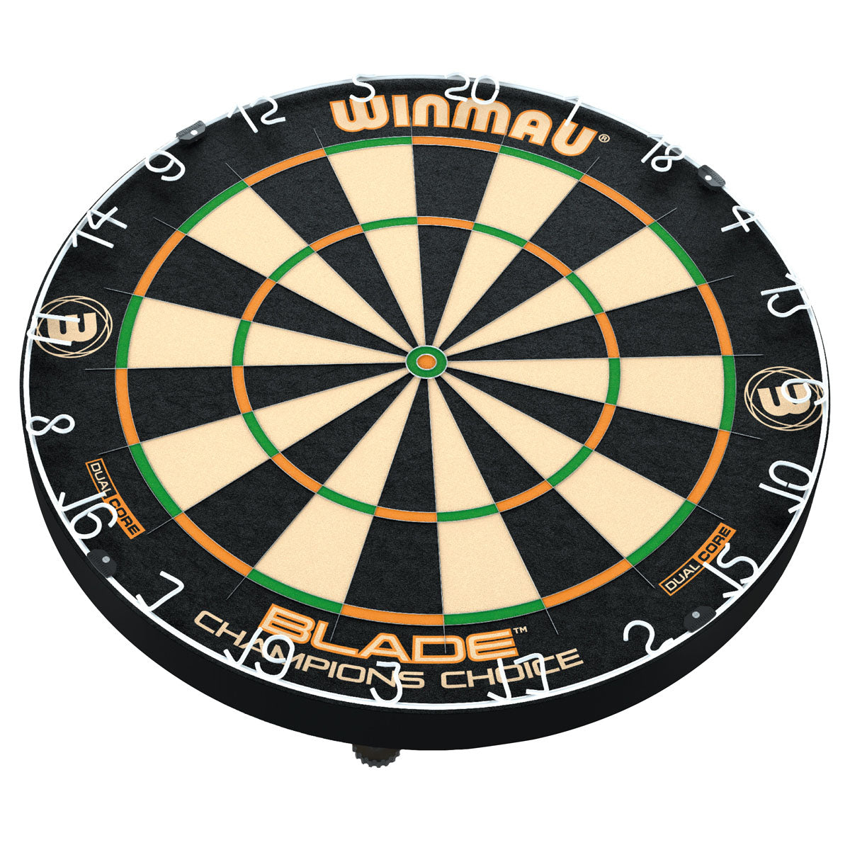 Winmau Champions Choice Dual Core Trainer Dartboard bottom angle product image showing the dartboard and product contents