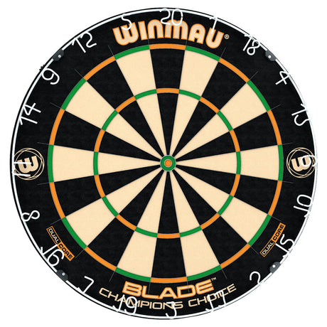 Winmau Champions Choice Dual Core Trainer Dartboard main product image showing the dartboard and product contents