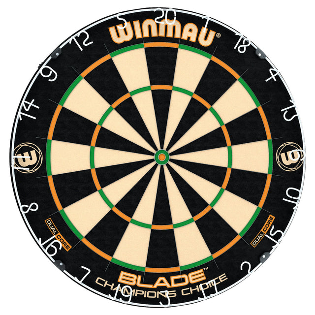 Winmau Champions Choice Dual Core Trainer Dartboard main product image showing the dartboard and product contents