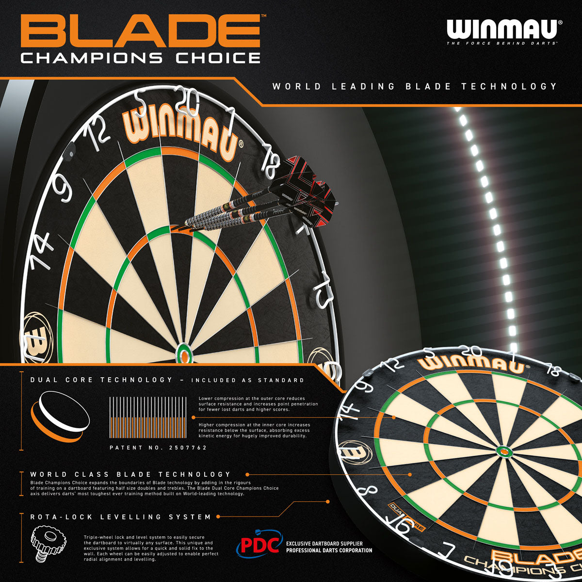 Winmau Champions Choice Dual Core Trainer Dartboard outer box rear image showing the retail packaging and branding