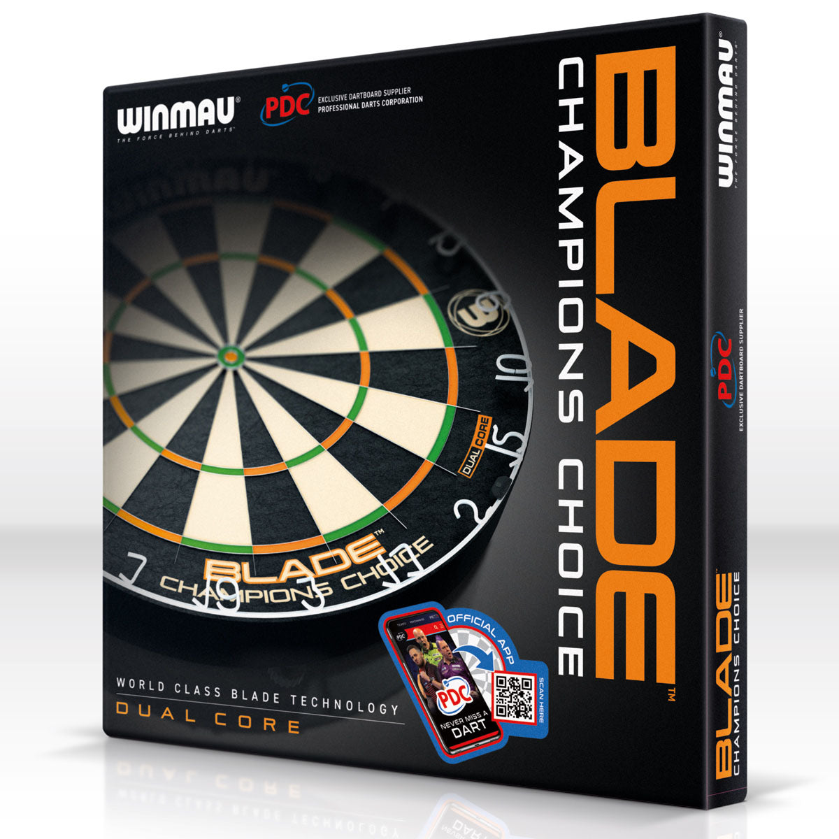 Winmau Champions Choice Dual Core Trainer Dartboard outer box image showing the retail packaging and branding