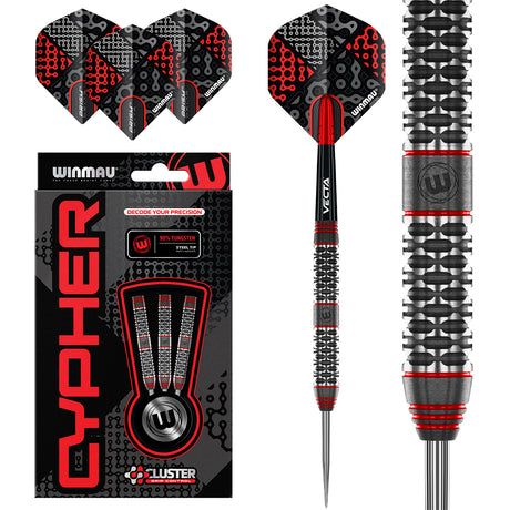 Cypher Steel Tip Darts main product image showing the darts, packaging, flights, shafts, and included accessories
