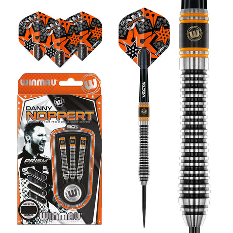 Danny Noppert Signature Edition 2.0 Steel Tip Darts main product image showing the darts, packaging, flights, shafts, and included accessories