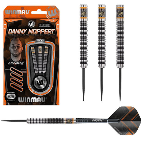 Danny Noppert Steel Tip Darts main product image showing the darts, packaging, flights, shafts, and included accessories