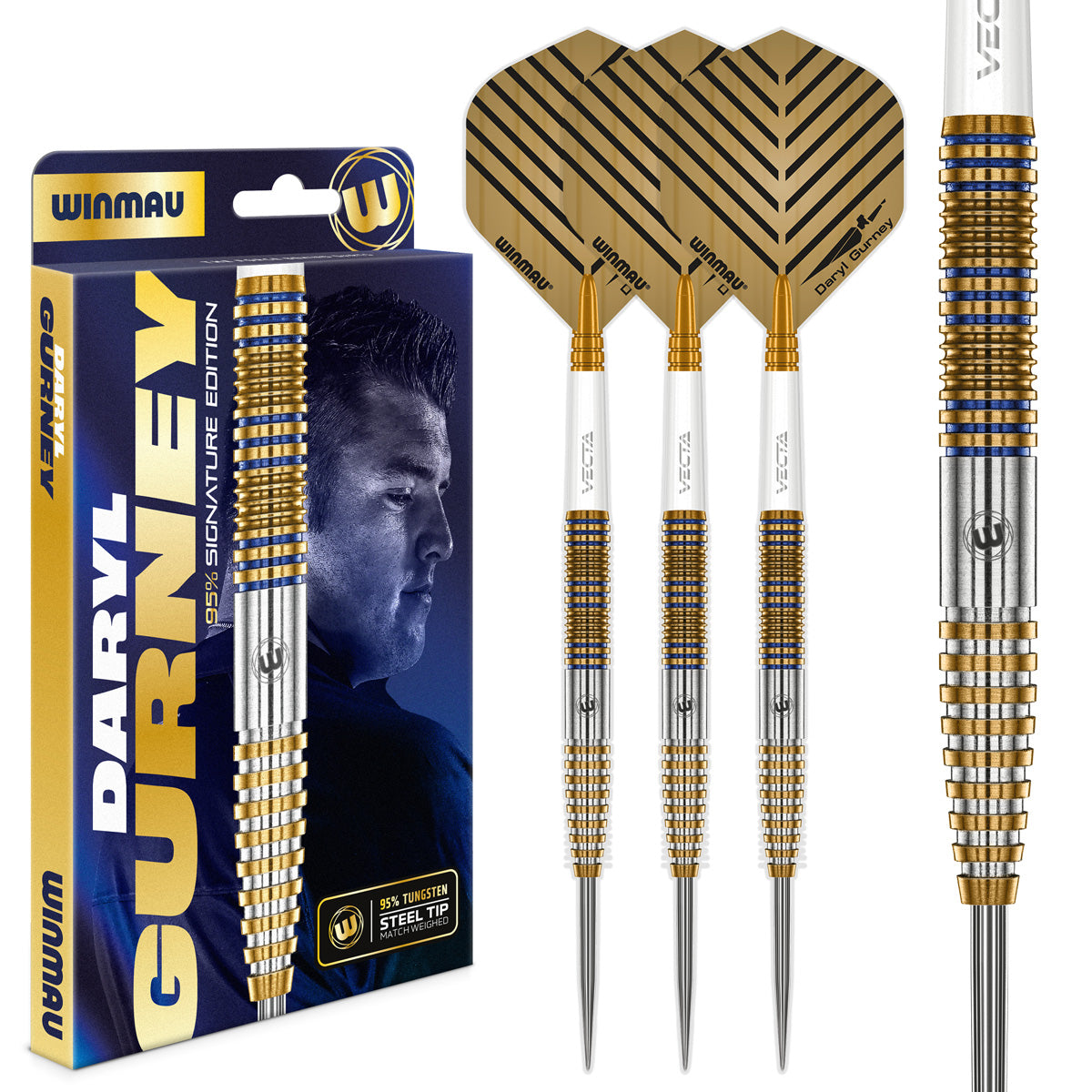 Daryl Gurney Signature Edition Steel Tip Darts main product image showing the darts, packaging, flights, shafts, and included accessories