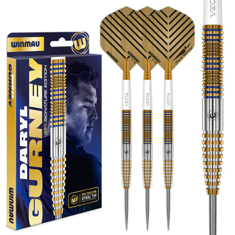 Daryl Gurney Signature Edition Steel Tip Darts main product image showing the darts, packaging, flights, shafts, and included accessories