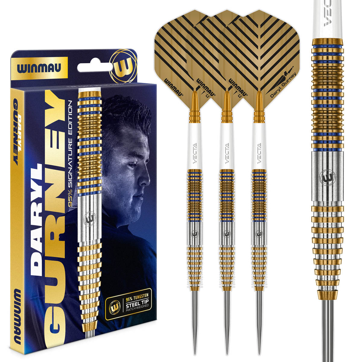 Daryl Gurney Signature Edition Steel Tip Darts main product image showing the darts, packaging, flights, shafts, and included accessories