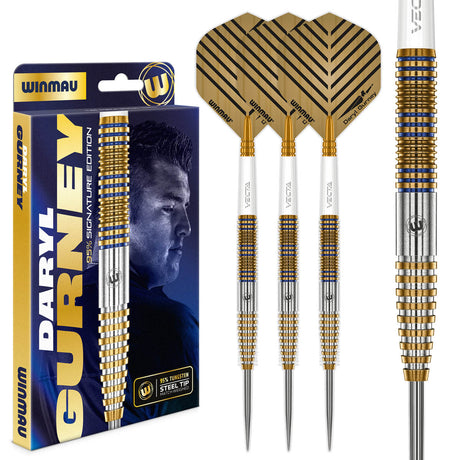 Daryl Gurney Signature Edition Steel Tip Darts main product image showing the darts, packaging, flights, shafts, and included accessories