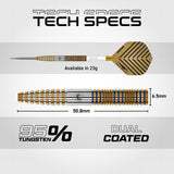 Daryl Gurney Signature Edition Steel Tip Darts technical specifications image showing barrel dimensions, weight information, grip profile, and key product features