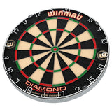 Winmau Diamond Plus Dartboard bottom angle product image showing the dartboard and product contents