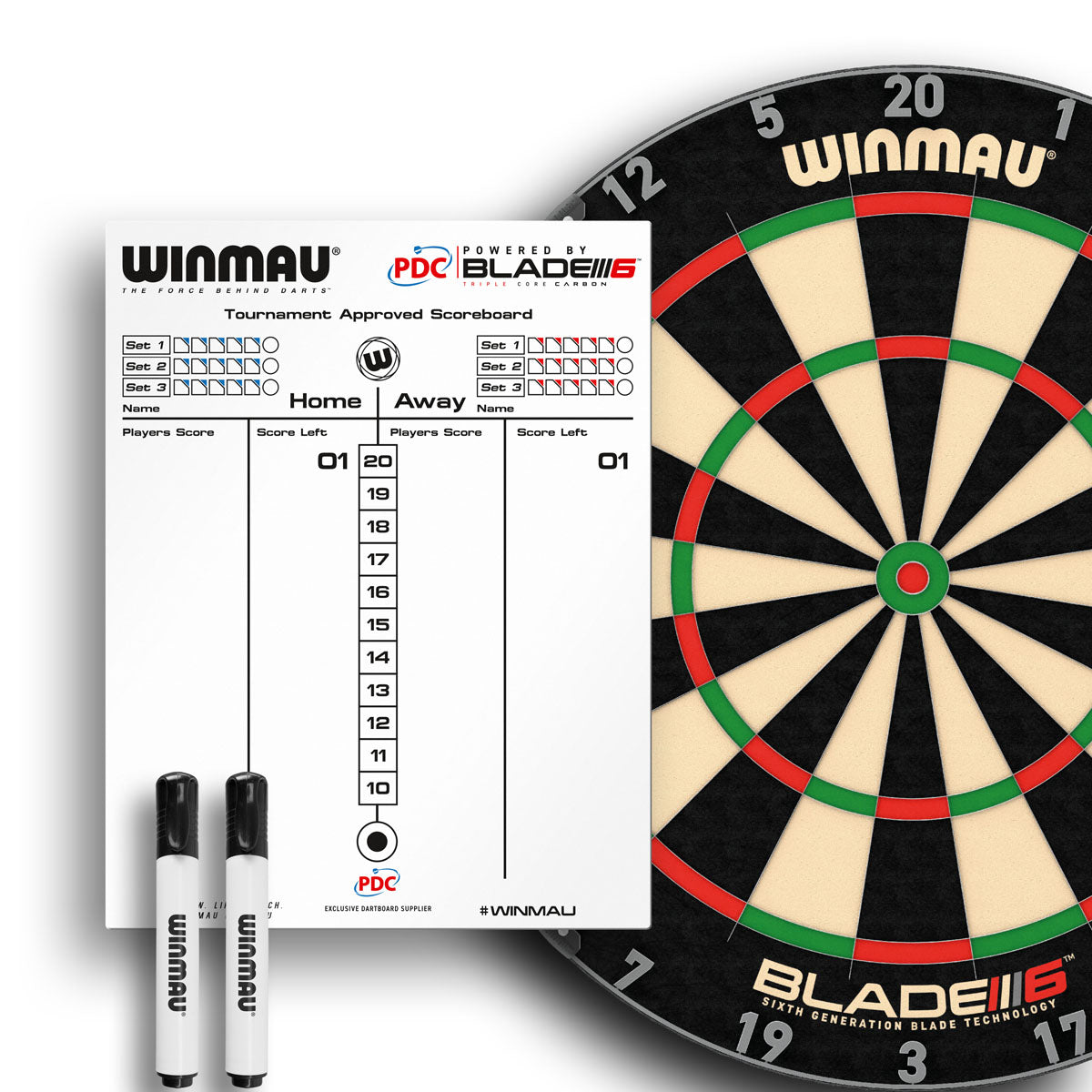 Winmau Dry Wipe Score Board PDC Design product image showing the score board with a dartboard
