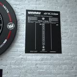 Winmau Dry Wipe Score Board PDC Design lifestyle image showing the score board installed and in use in a real world darts setup