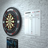 Winmau Dry Wipe Score Board PDC Design lifestyle image showing the score board installed and in use in a real world darts setup