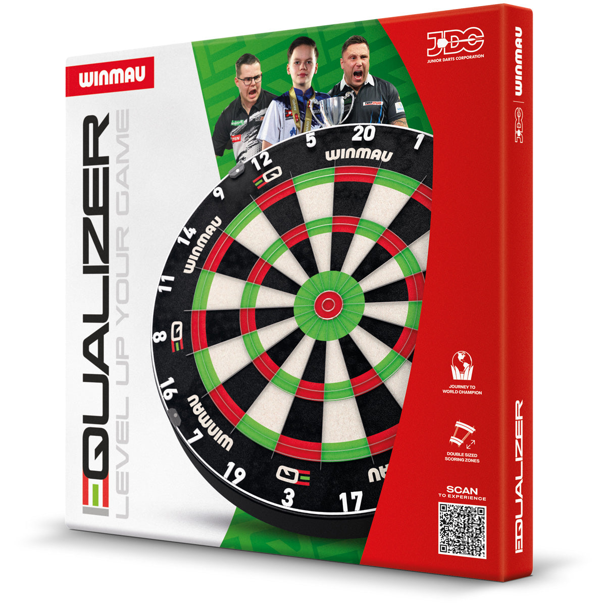 Winmau Equalizer Dartboard Official JDC Training Dartboard outer box image showing the retail packaging and branding