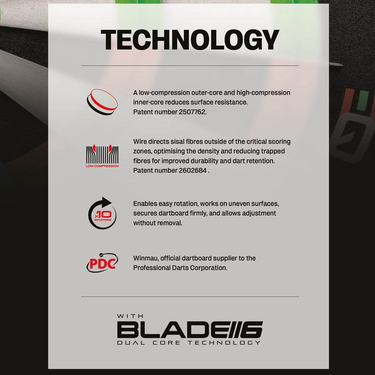 Winmau Equalizer Dartboard Official JDC Training Dartboard image highlighting the technology of the dartboard and in depth details