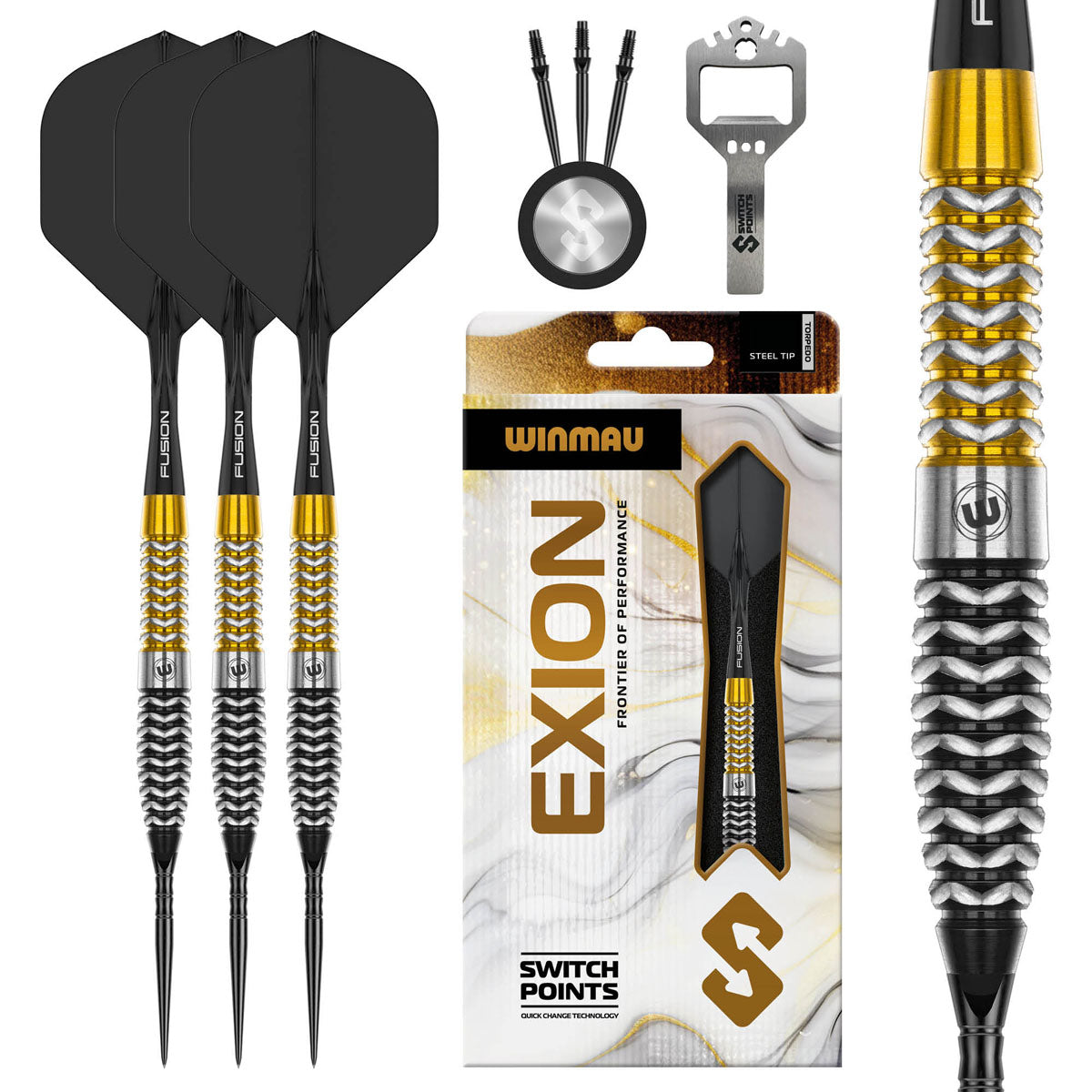 Exion Torpedo Switch Point Steel Tip Darts main product image showing the darts, packaging, flights, shafts, and included accessories