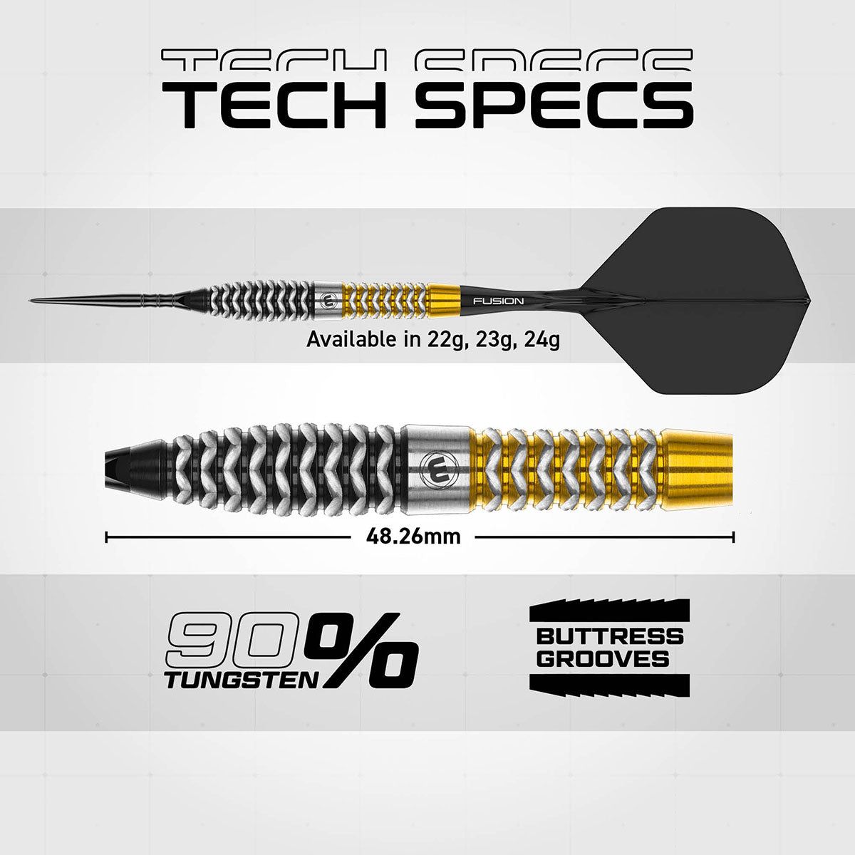 Exion Torpedo Switch Point Steel Tip Darts technical specifications image showing barrel dimensions, weight information, grip profile, and key product features