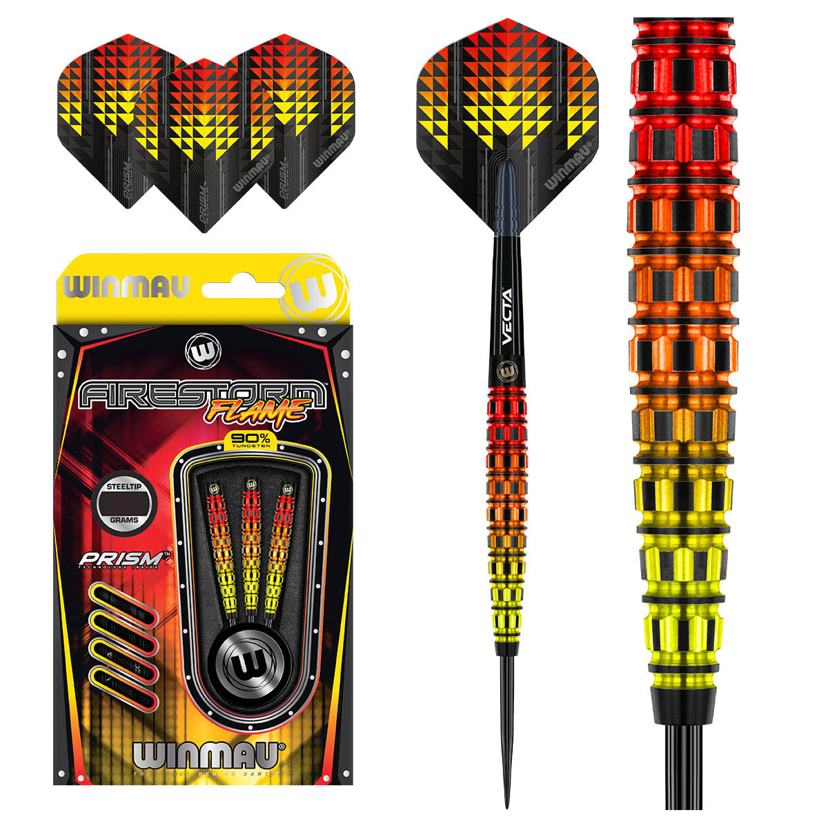 Firestorm Flame Tapered Steel Tip Darts main product image showing the darts, packaging, flights, shafts, and included accessories