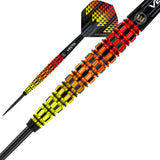 Firestorm Flame Tapered Steel Tip Darts close up image showing detailed grip patterns, machining, coating, and precision craftsmanship