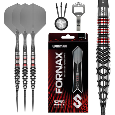 Fornax Torpedo Switch Point Steel Tip Darts main product image showing the darts, packaging, flights, shafts, and included accessories