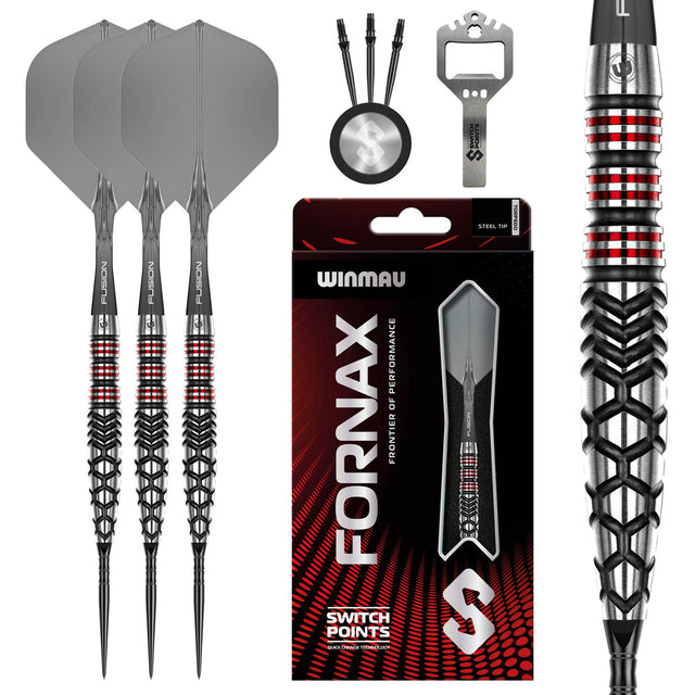 Fornax Torpedo Switch Point Steel Tip Darts main product image showing the darts, packaging, flights, shafts, and included accessories