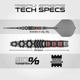 Fornax Torpedo Switch Point Steel Tip Darts technical specifications image showing barrel dimensions, weight information, grip profile, and key product features