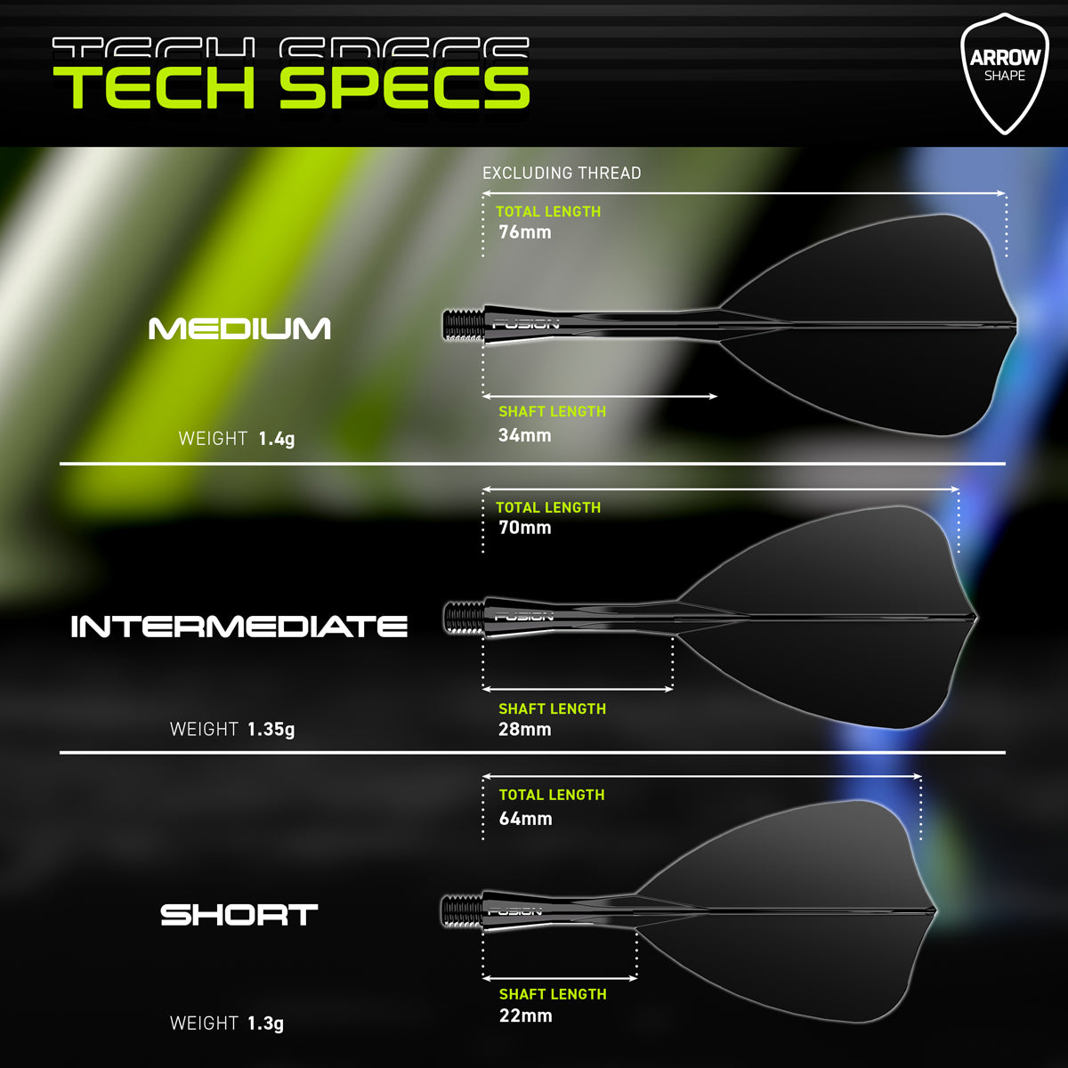 Winmau Fusion Arrow Integrated Flight & Shaft Black graphic displaying the product specifications and key technical information.