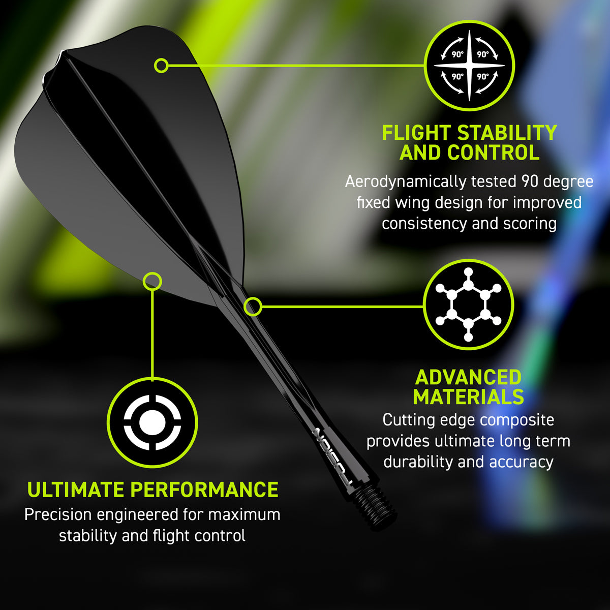 Winmau Fusion Arrow Integrated Flight & Shaft Black promotional graphic highlighting the key features and performance benefits.