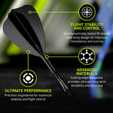 Winmau Fusion Arrow Integrated Flight & Shaft Black promotional graphic highlighting the key features and performance benefits.