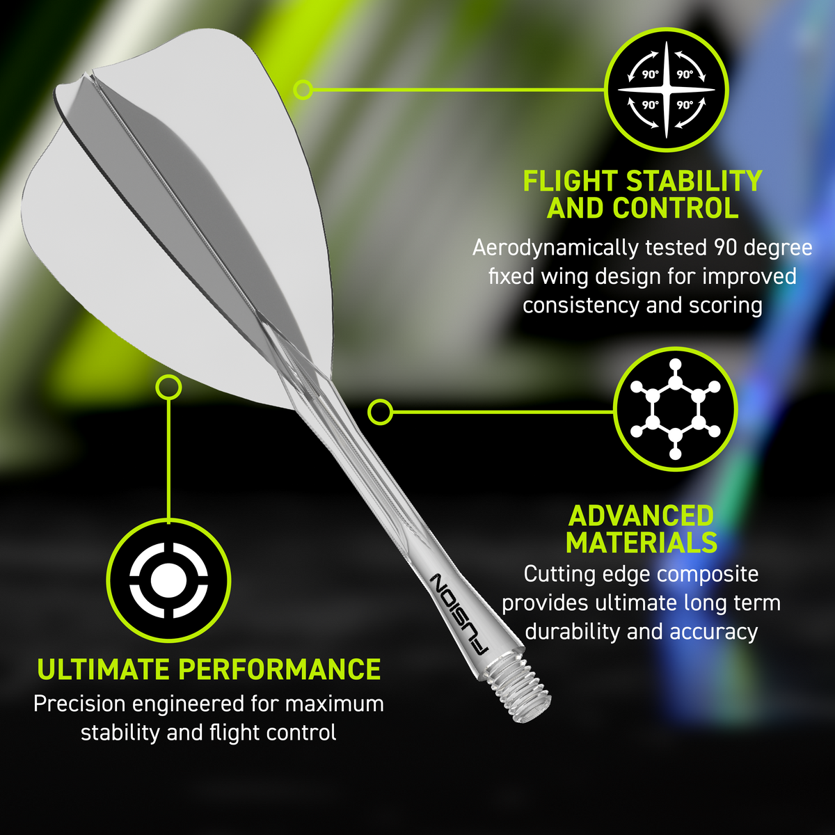 Winmau Fusion Arrow Integrated Flight & Shaft Clear promotional graphic highlighting the key features and performance benefits.